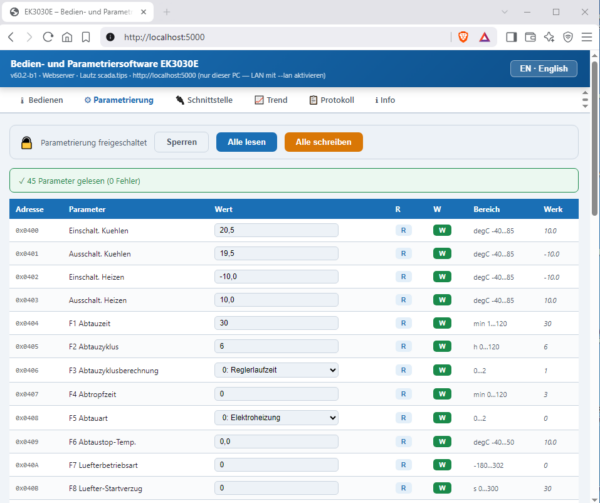 Parametersatz1 Bedien- und Parametriersoftware für Regler elitech EK3030E