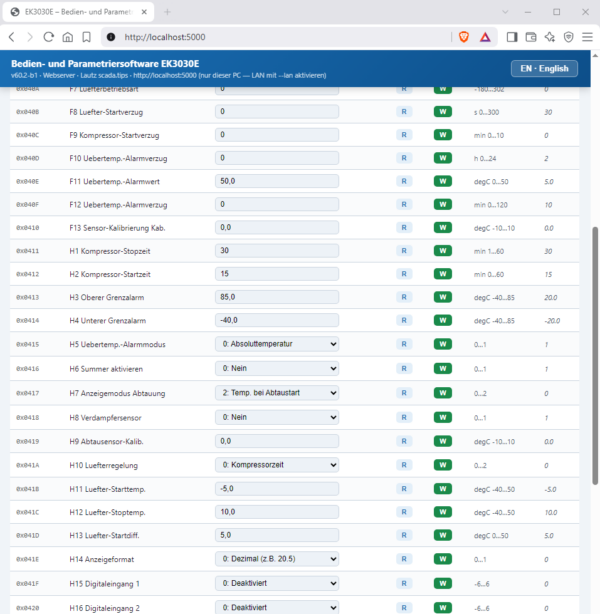Parametersatz2 Bedien- und Parametriersoftware für Regler elitech EK3030E