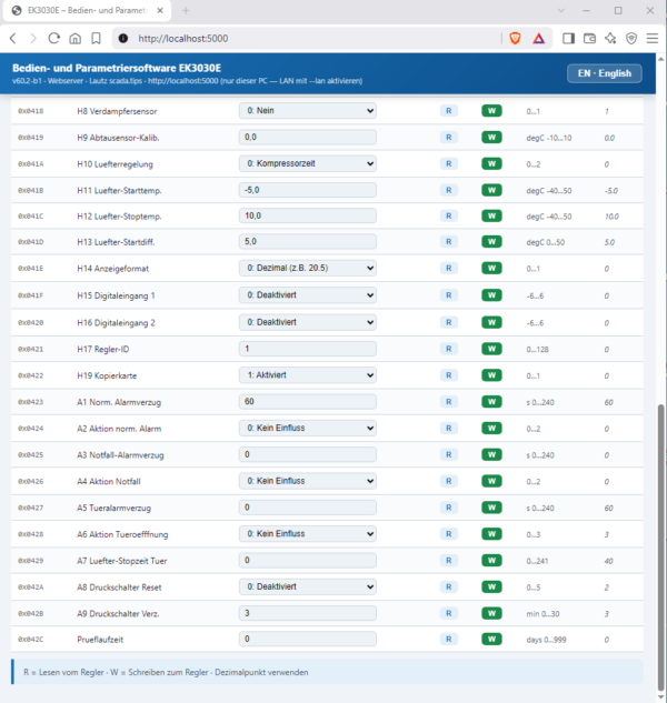 Parametersatz3 Bedien- und Parametriersoftware für Regler elitech EK3030E