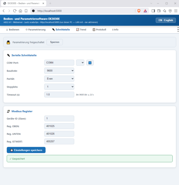 SchnittstelleCom Bedien- und Parametriersoftware für Regler elitech EK3030E